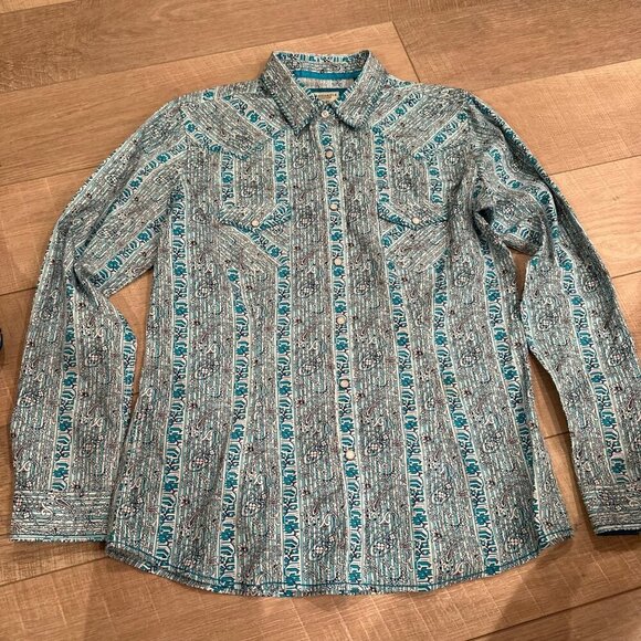PANHANDLE MENS SIZE MEDIUM PEARL SNAP TEAL BLUE WESTERN LONG SLEEVE SHIRT - Picture 1 of 7